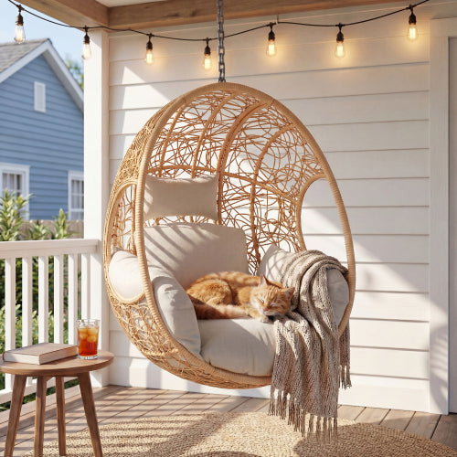 Outdoor Wicker Swing Chair Only with Plush Cushion, Natural or Gray