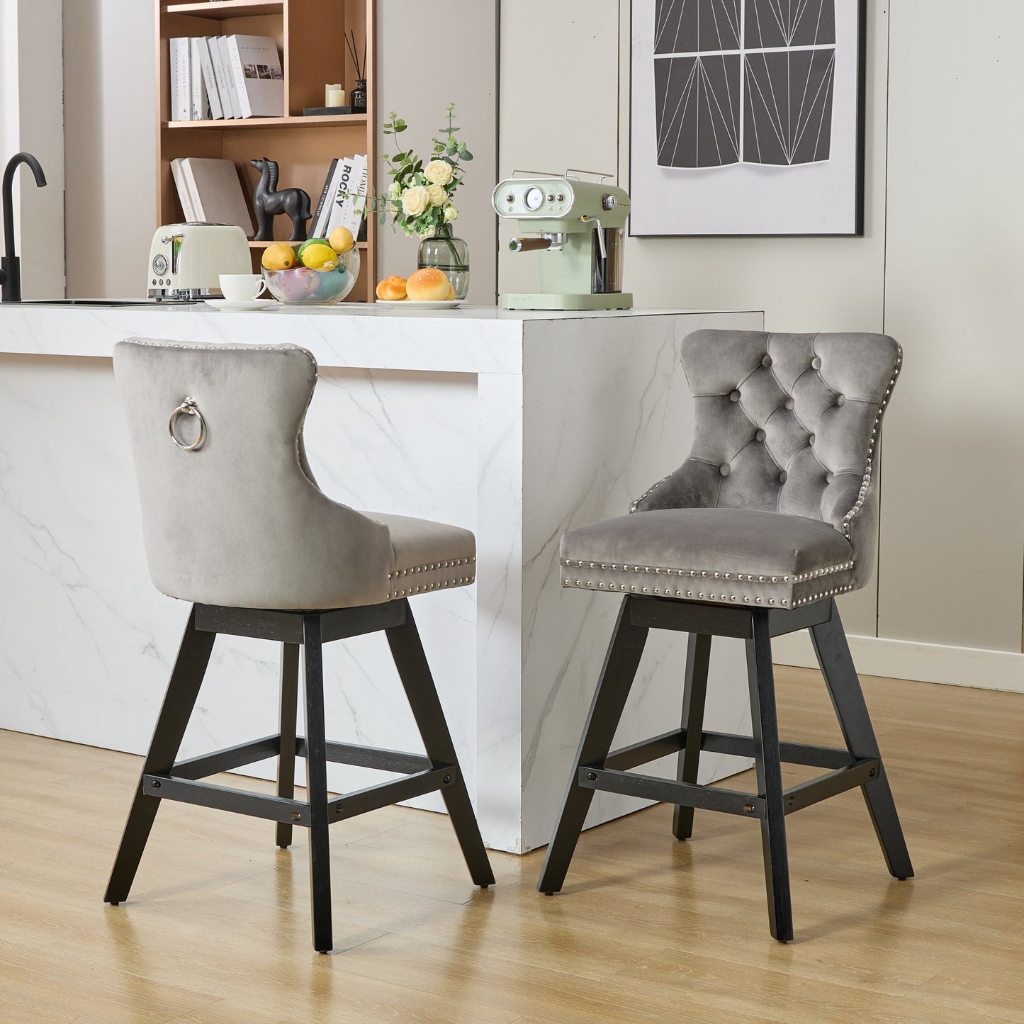 Swivel Velvet Barstools with Button Tufted Decoration, Wooden Legs, and Chrome Nailhead trim
