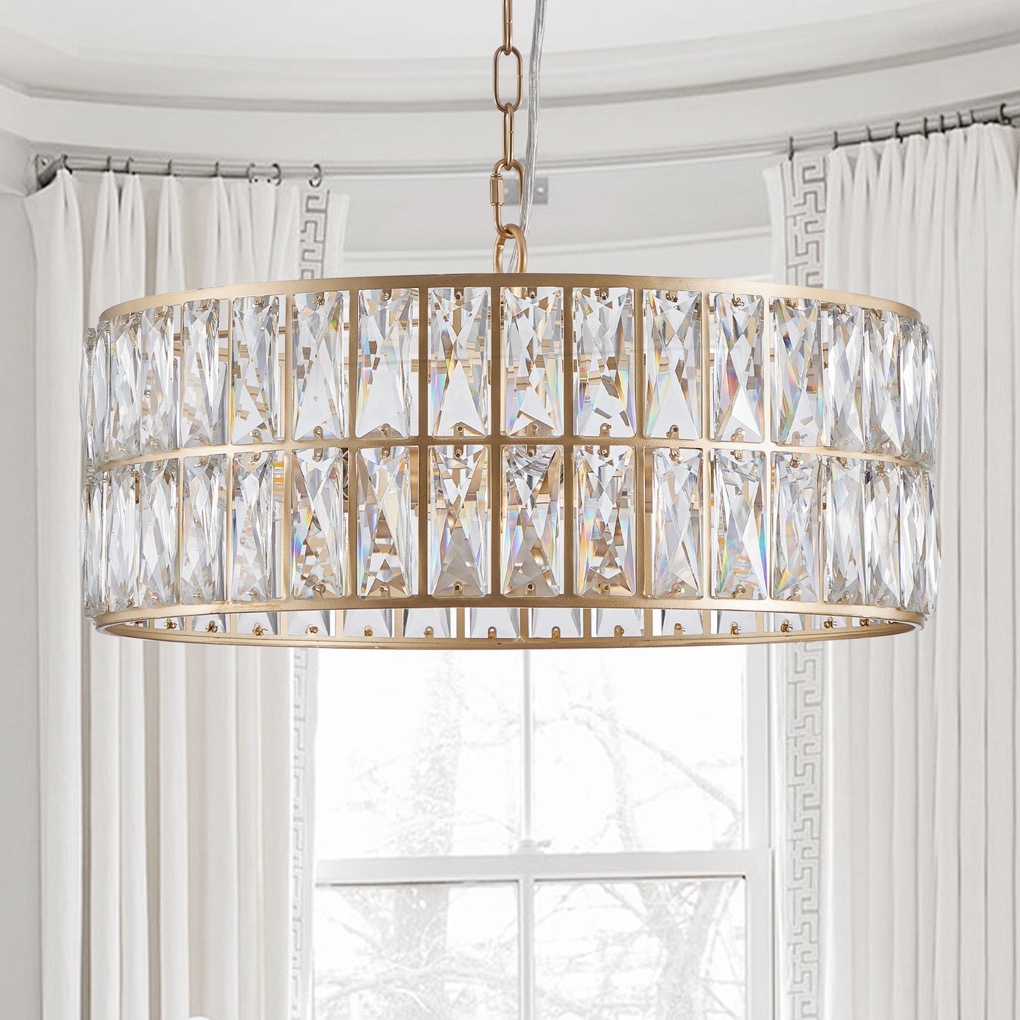 Modern Crystal Drum Chandelier, 6-Light Pendant Lighting Fixture with Metal Frame for Living Room, Dining Room, and Bedr