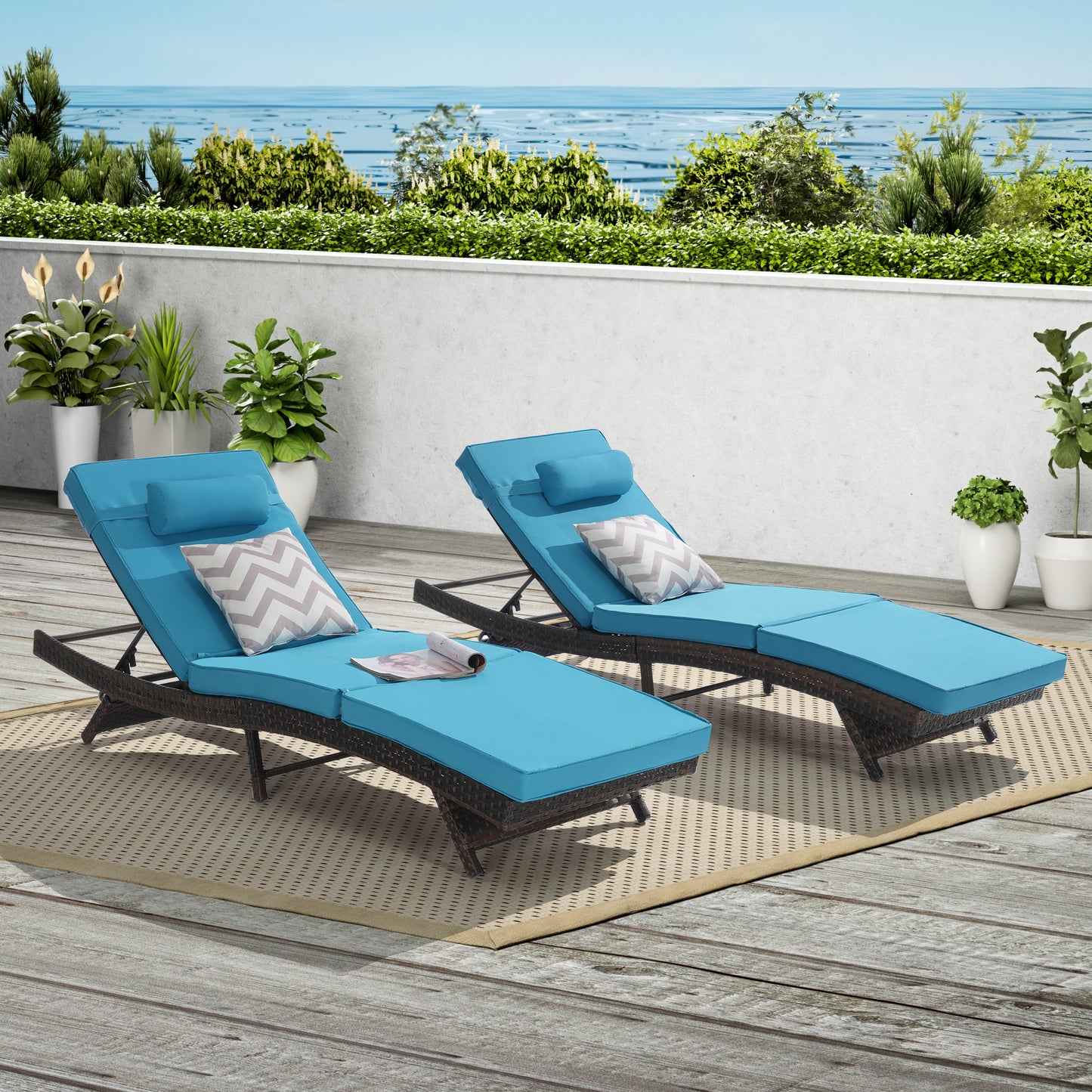 Outdoor Wicker Reclining Lounge Chair Set – Set of 2 Adjustable Patio Chaise Loungers, Rattan Poolside Chairs