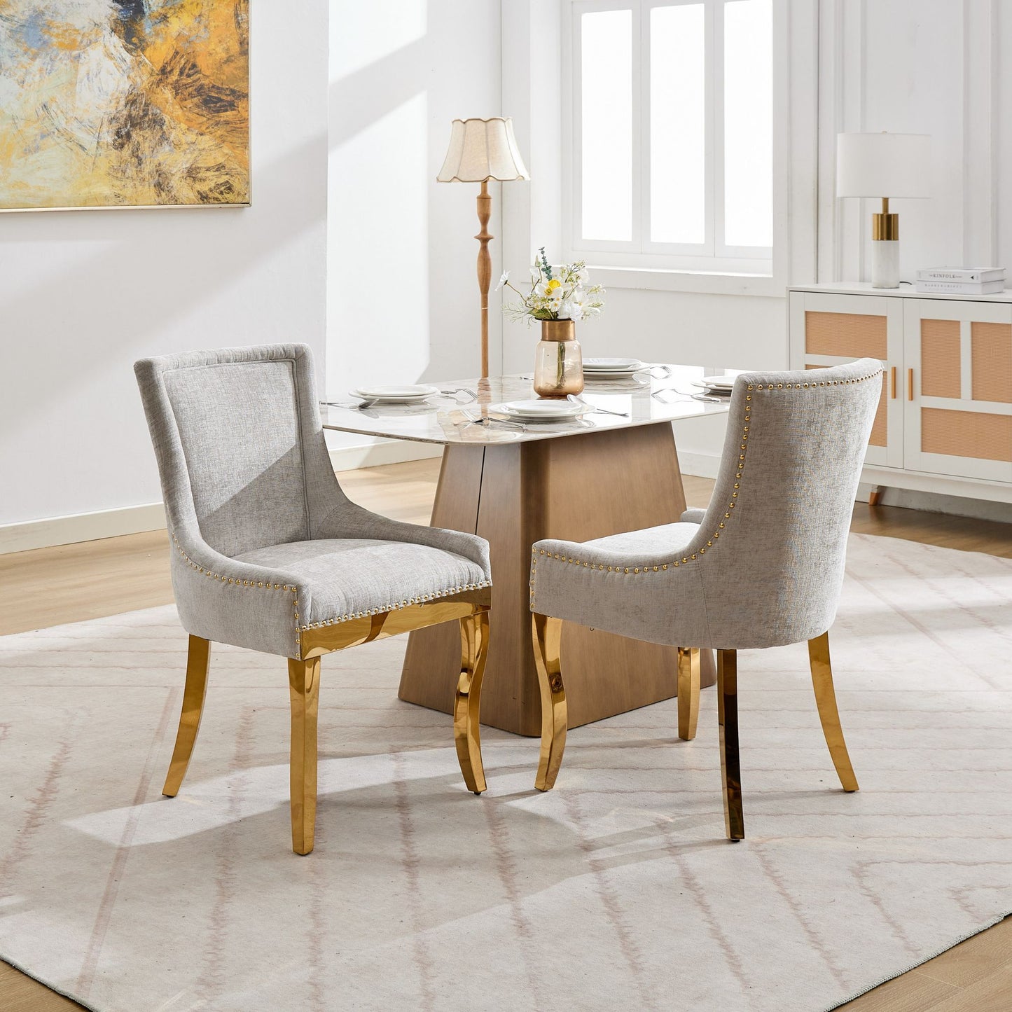 Chenille Dining Chairs, Modern Style with Curved Gold - Plated Legs & Rivet Trim