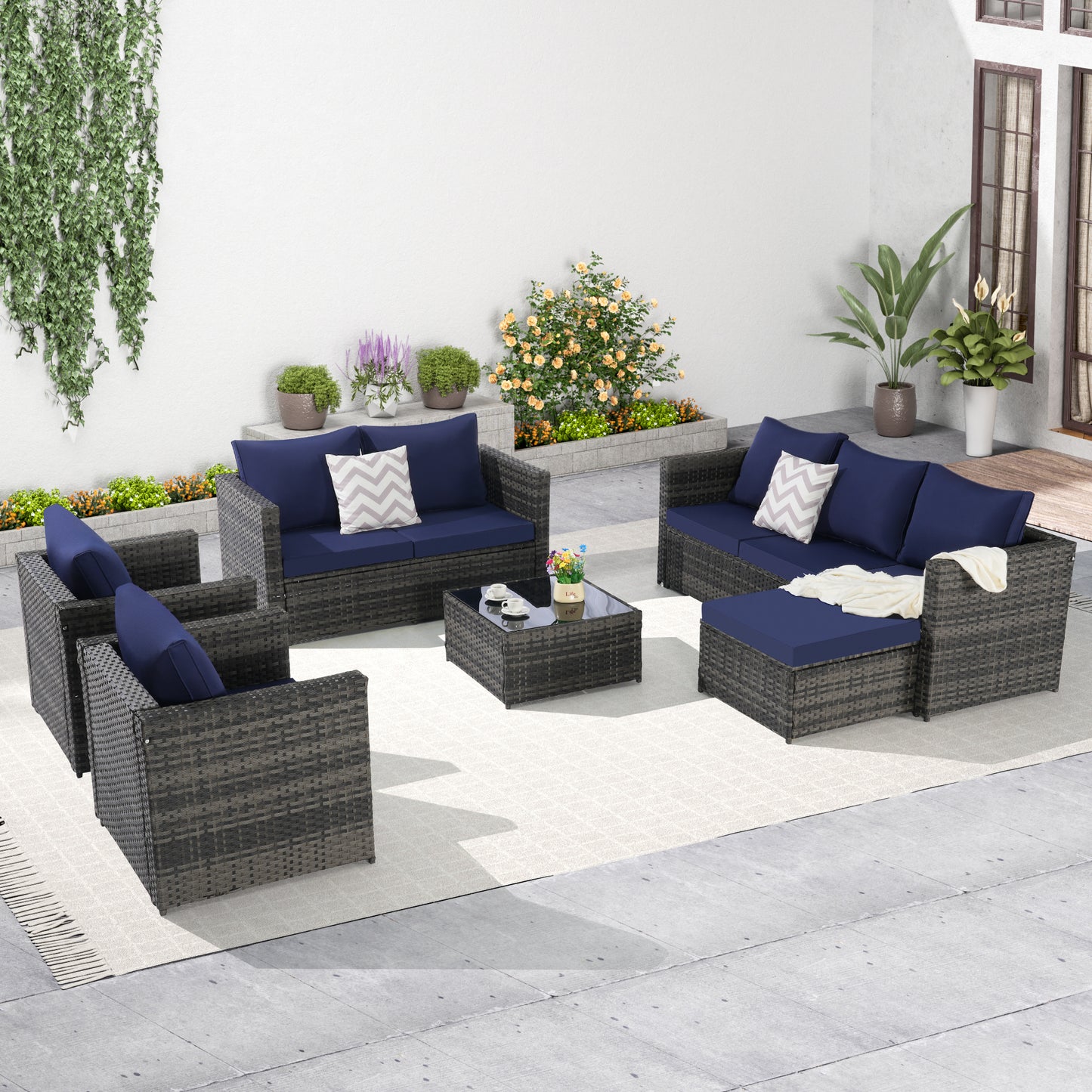 6 Piece Outdoor Patio Sectional Sofa Set – All Weather Wicker Rattan Conversation Set with Glass Table