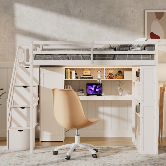 Loft Bed, Solid Wood with Shelves, Wardrobe Storage, and Built-In Desk for Bedroom or Study Space