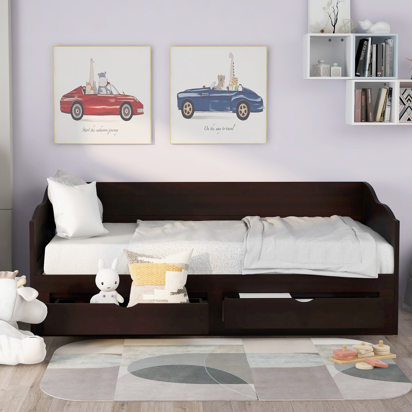 Wooden Daybed with Trundle Bed and Two Storage Drawers, Extendable Sofa Bed