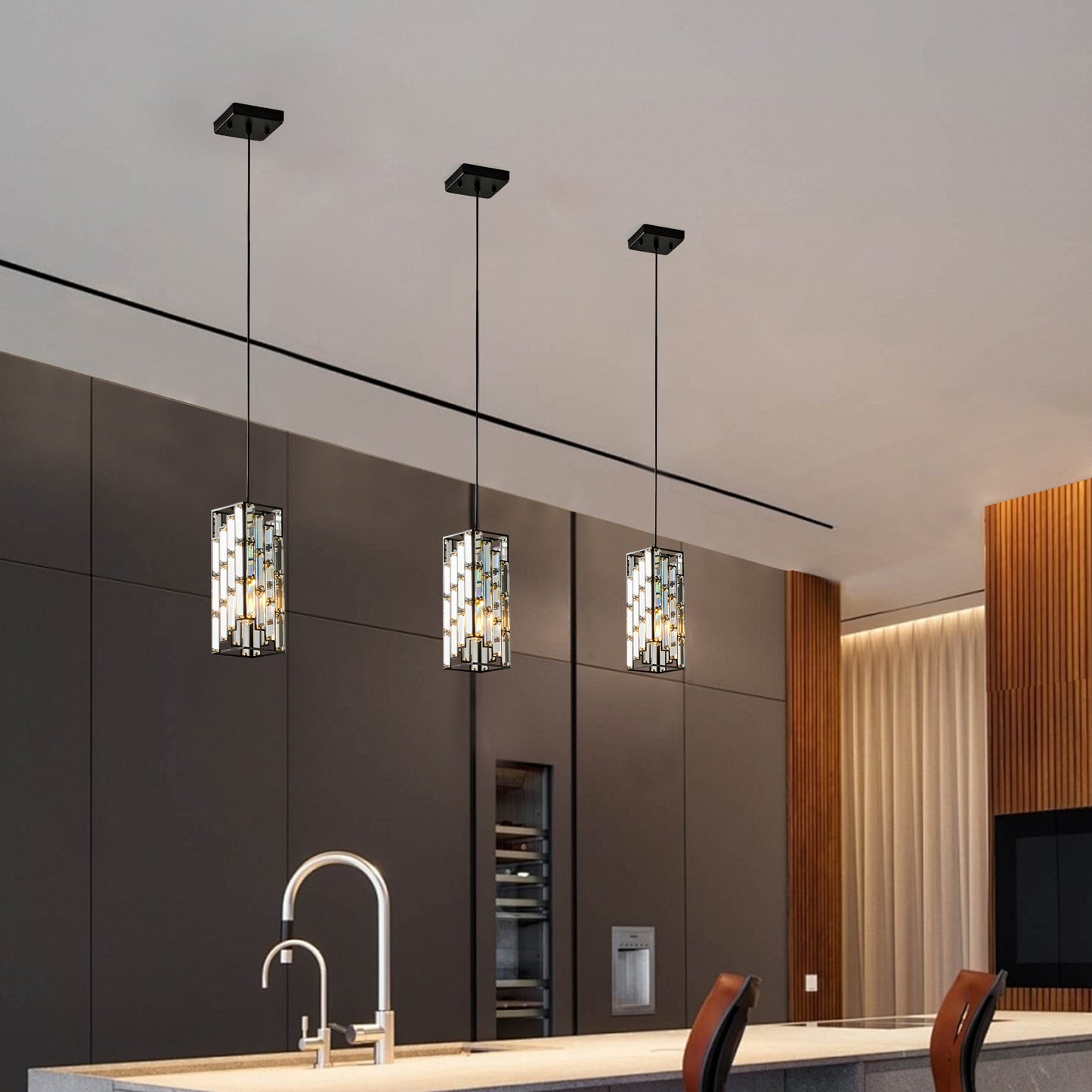 Modern Crystal Pendant Light - 3 Pack, Adjustable Hanging Ceiling Lamp with Crystal Prism Design for Dining Room, Kitchen Island, and Living Room -Black Finish