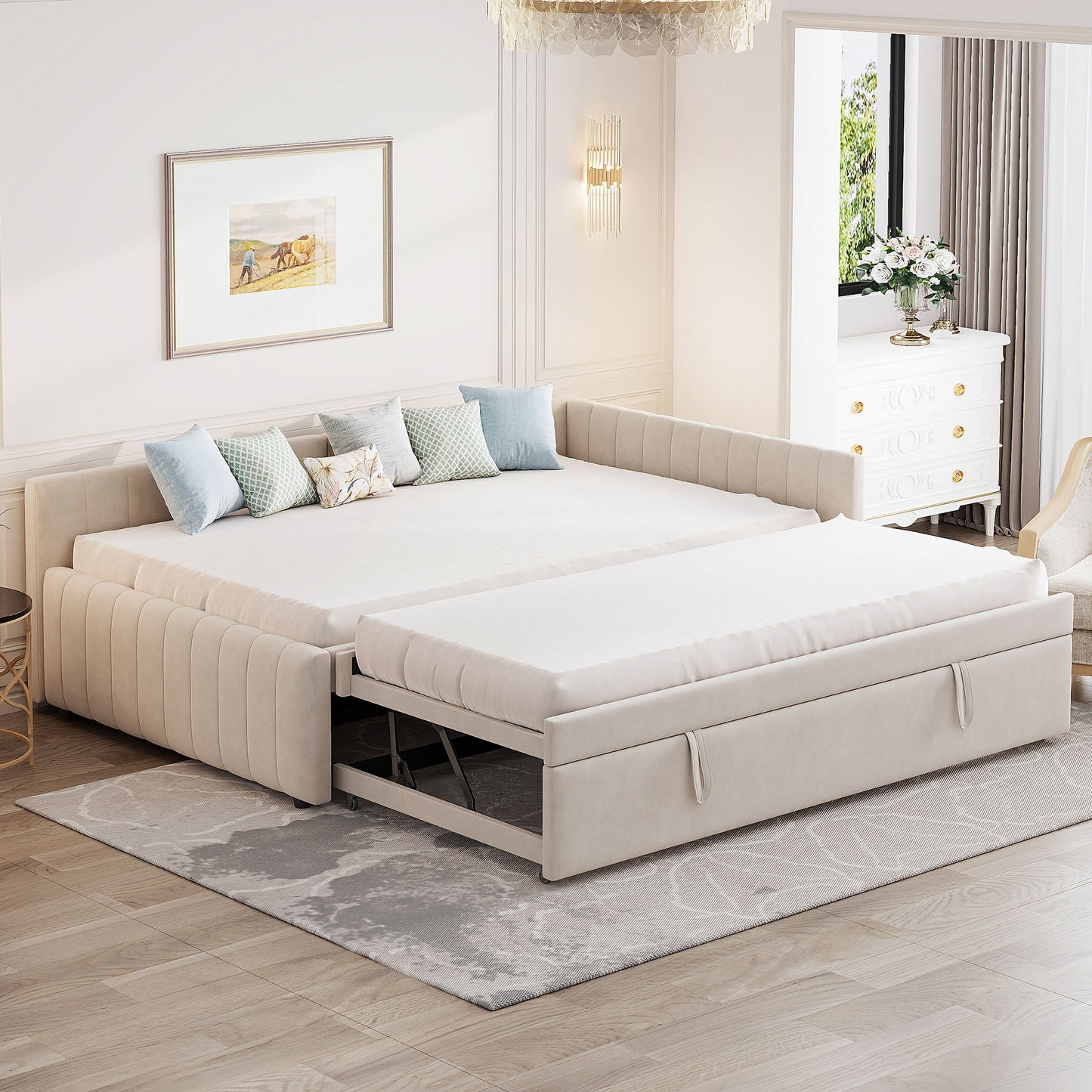 Full Size Upholstered L-Shaped Upholstered Daybed with Twin Size Pop Up Trundle