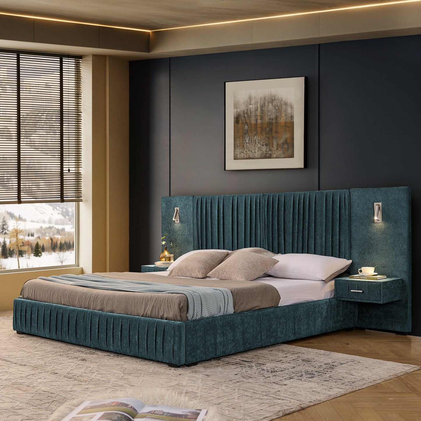 Upholstered Bed Frame with Chenille Fabric, Pleated Design, Grounded Platform Bed with Headboard and Solid Frame