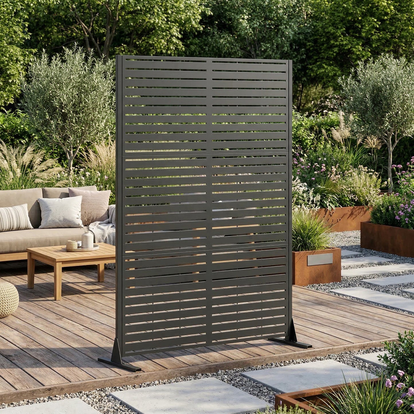 Metal Privacy Screen for Outdoor Freestanding, Decorative Metal Fence Panels with Stable Base, Portable Divider