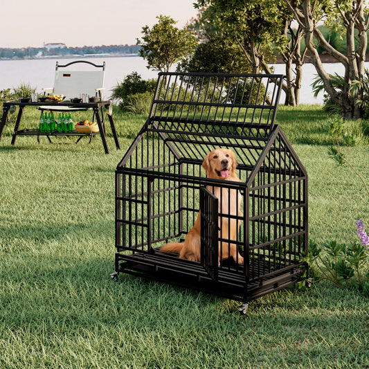 48-Inch Heavy Duty Folding Metal Dog Crate with Wheels, Large Dog Kennel with Pointed Roof, Removable Trays & Double Door Access