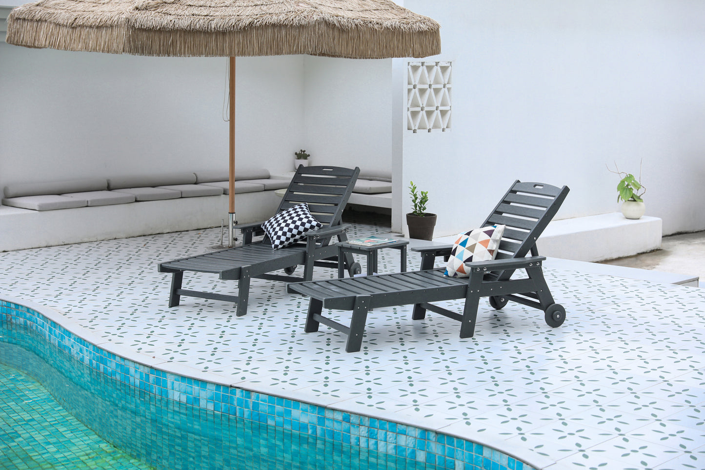 3-Piece Oversized Chaise Lounge Chair Set with Wood Texture, All Weather Patio Lounge Chair