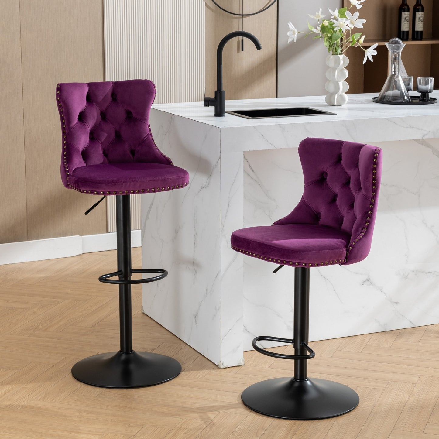 Swivel Velvet Barstools Adjustable Seat Height 25-33 Inch, Modern Tufted Back