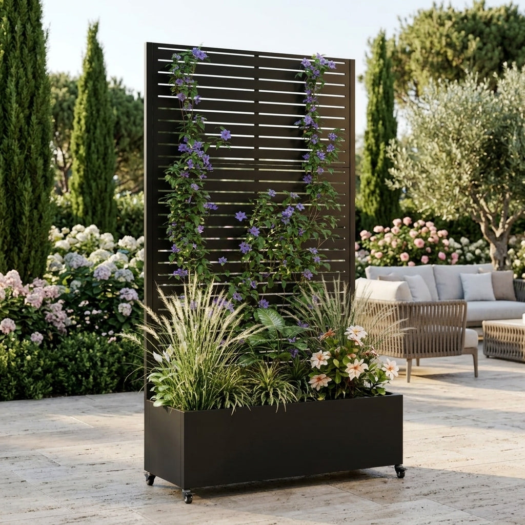 Metal Raised Garden Bed with Trellis, Drainage Holes, Lockable Wheels & Privacy Screen