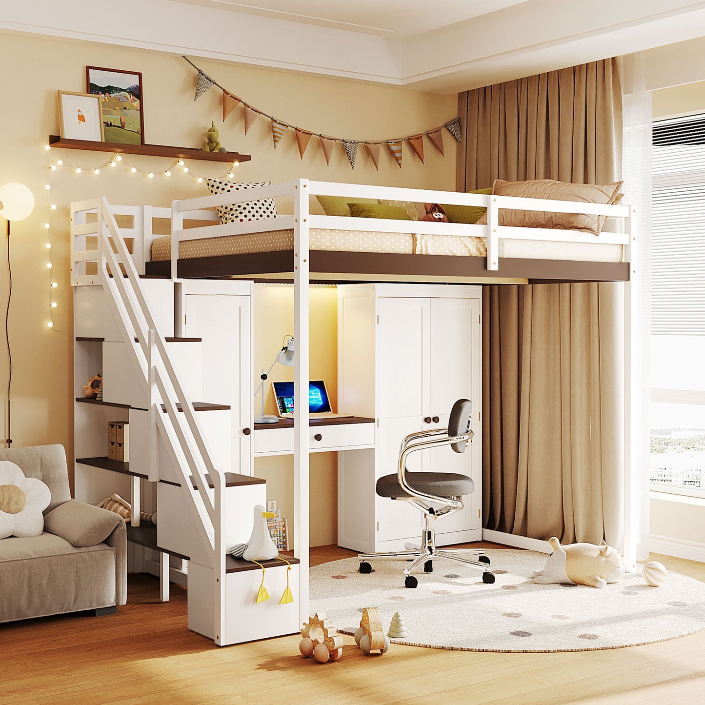 Full Size Loft Bed with Storage Staircase, Dressing Table, Wardrobe & Cabinets, USB and Lights