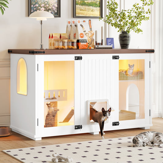 Large Cat Litter Box Enclosure with LED Light, Stairs, Scratching Post, and Acrylic Doors