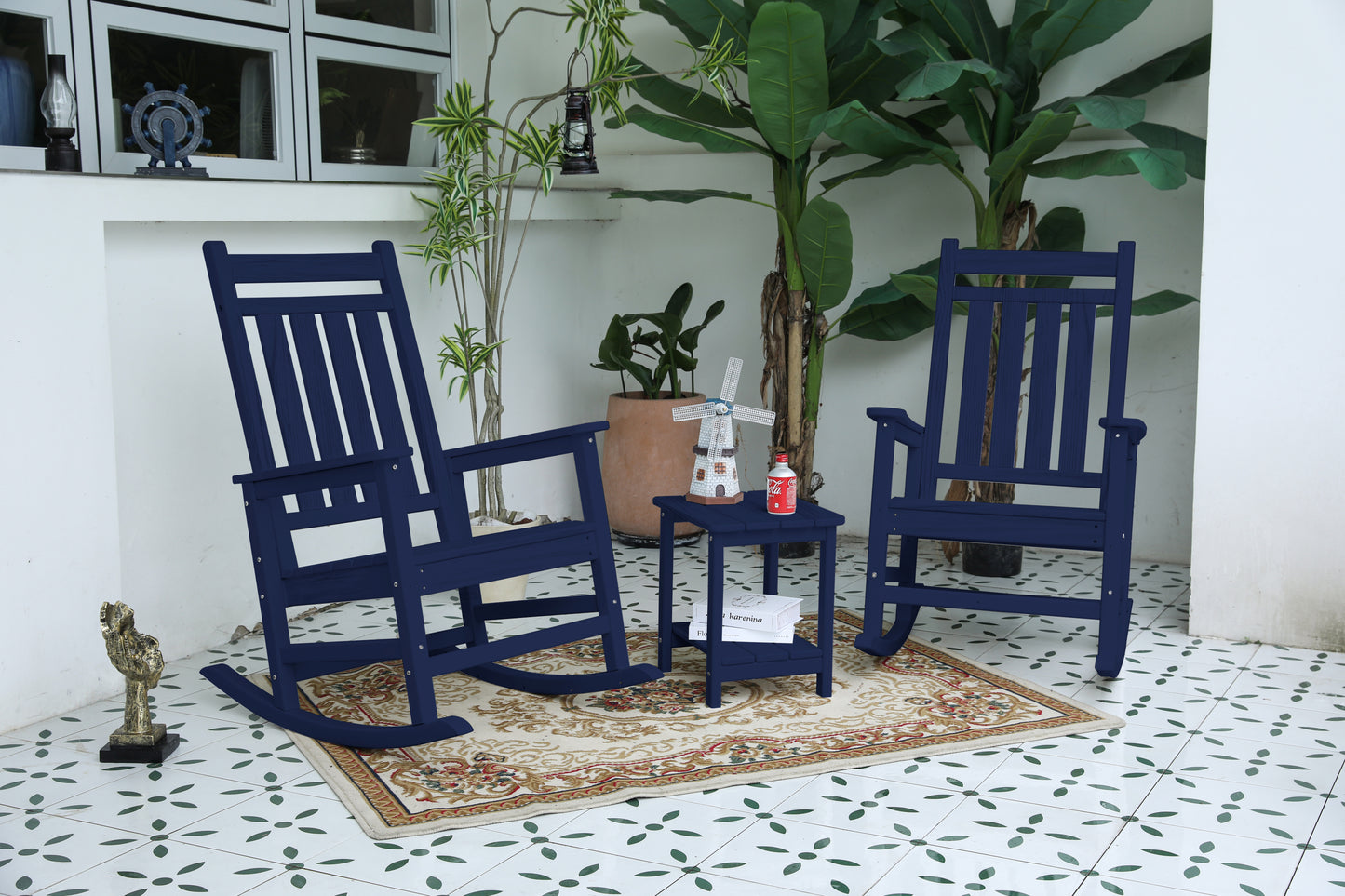 All Weather Rocking Chair Set with Side Table, 3-Piece Rocking Chair Set with Wood-Texture ,includes 2 Rocking Chairs