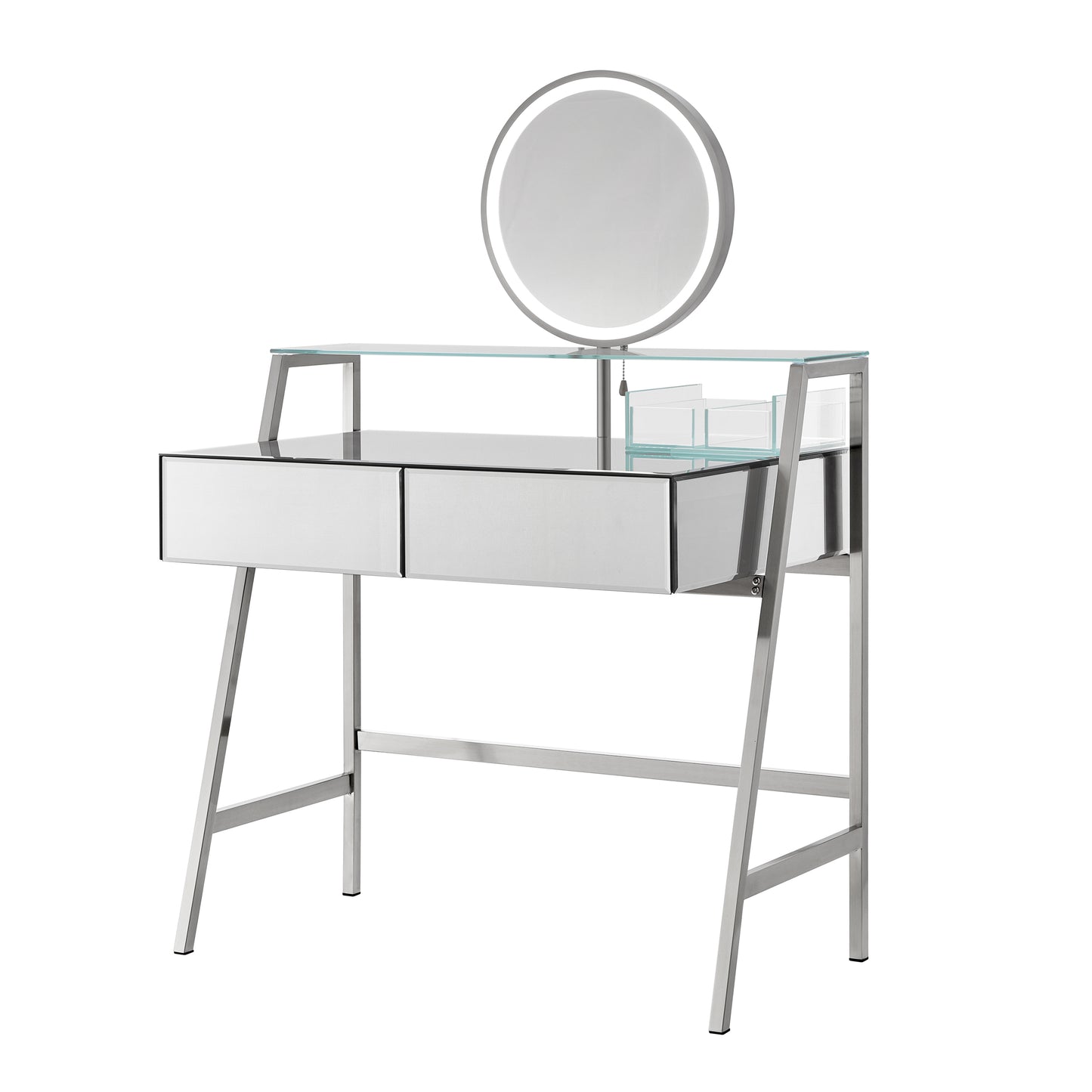 33.9" Mirrored Makeup Vanity Desk with Mirror and Lights, Mirrored Console Vanity Table with 2 Big Drawers & Open Shelf, Dressing Table with Charging Station for Bedroom, Silver