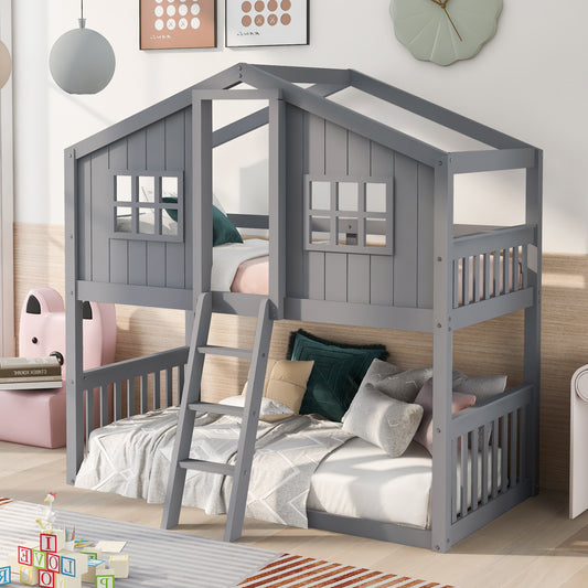 Bunk Bed, Twin Over Twin, Solid Wood with Ladder and House Frame for Shared Bedroom or Guest Room