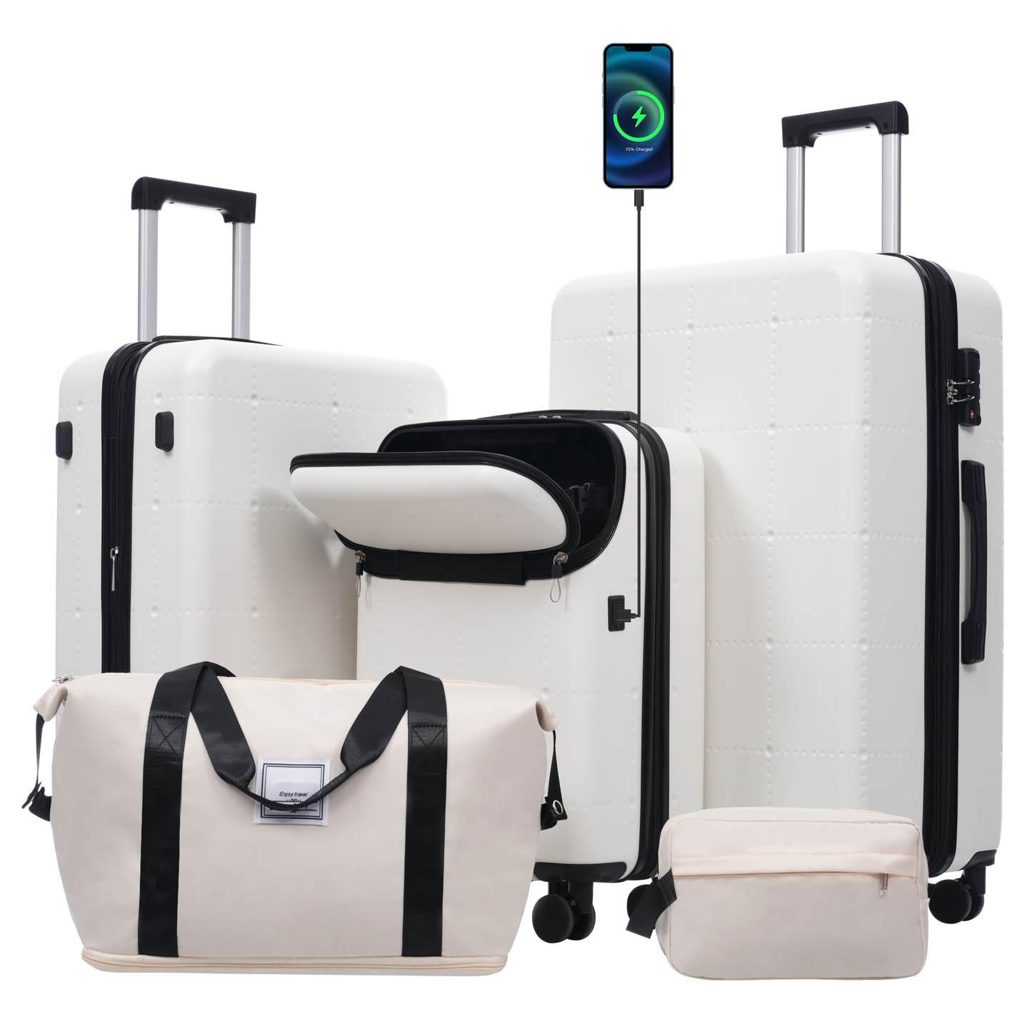 Hardside Luggage Set 5 Piece with Bags, Half-opening Carry on with USB Port