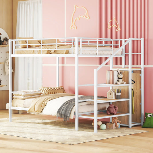 Bunk Bed Full Over Full White and Black Iron with Wardrobe and Shelves for Bedroom and Guest Room
