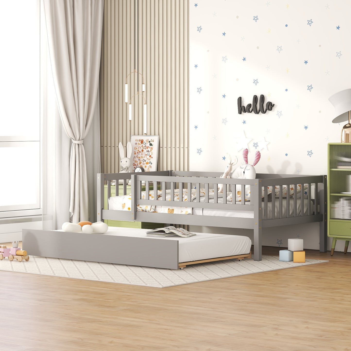 Twin Size Wood Daybed with Trundle and Fence Guardrails