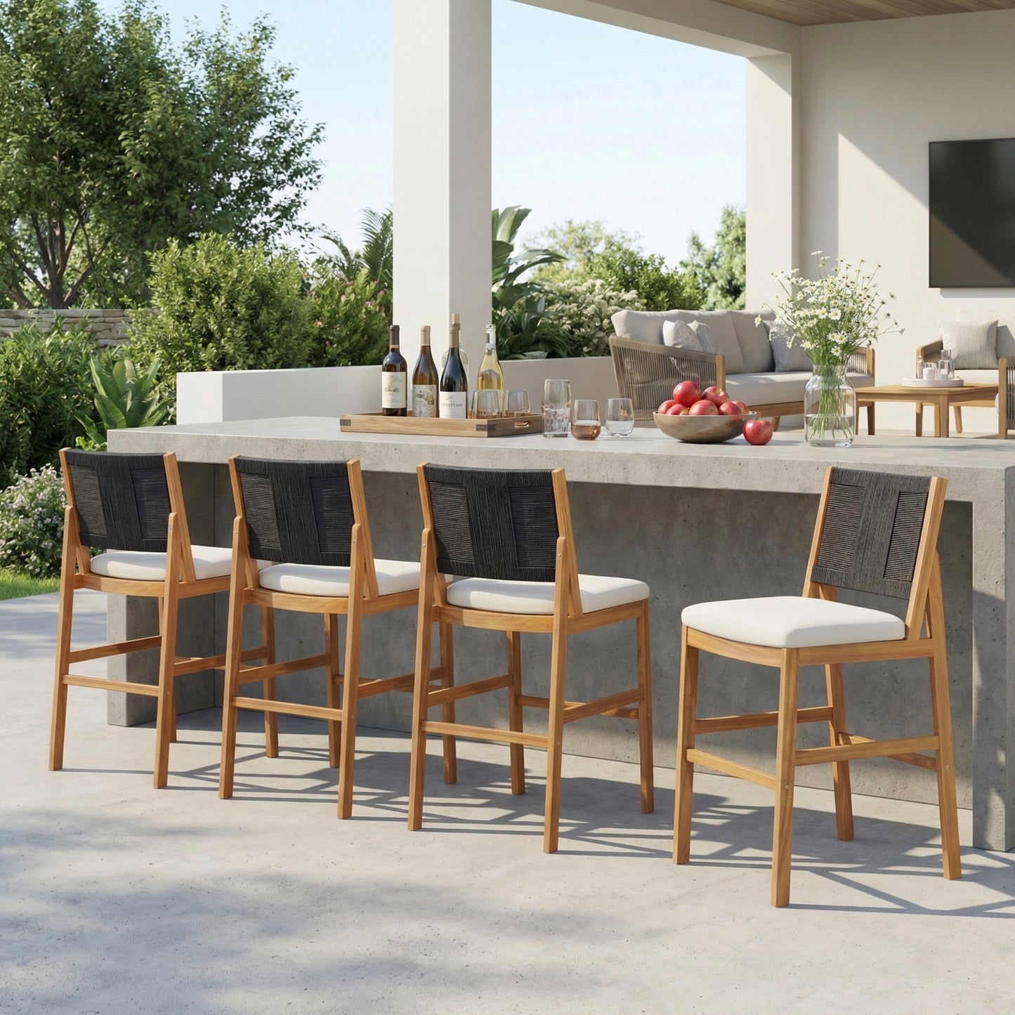 4-Piece Outdoor Acacia Wood Bar Stool Set with Woven Wicker Backrest and Water-Repellent Cushions