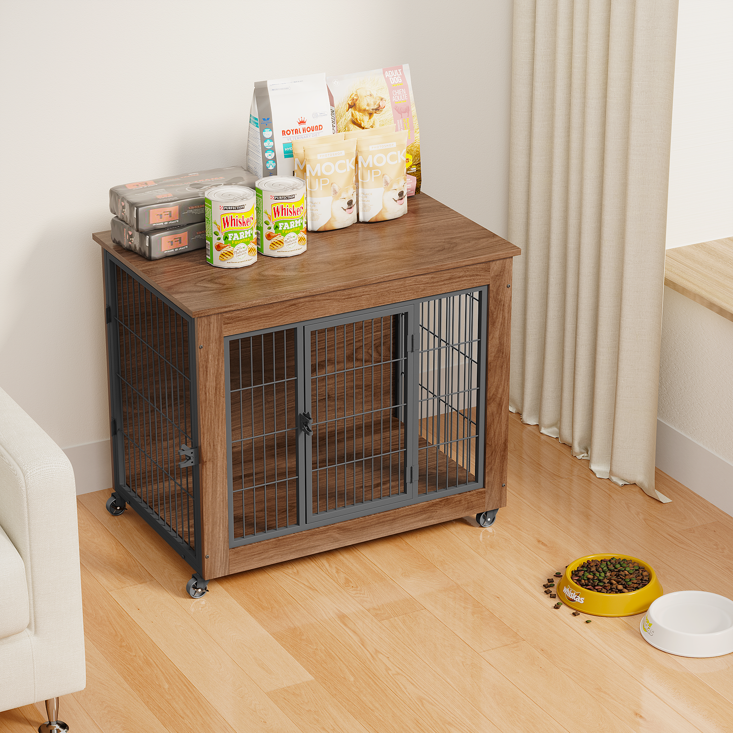 Heavy Duty Wooden Dog Crate Furniture with Wheels – Indoor Pet Kennel End Table with Double Doors