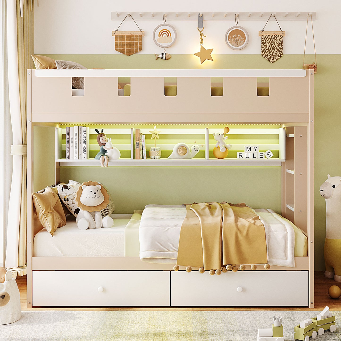 Twin Size Castle Style Bunk Bed with 2 Drawers, Shelf, and LED