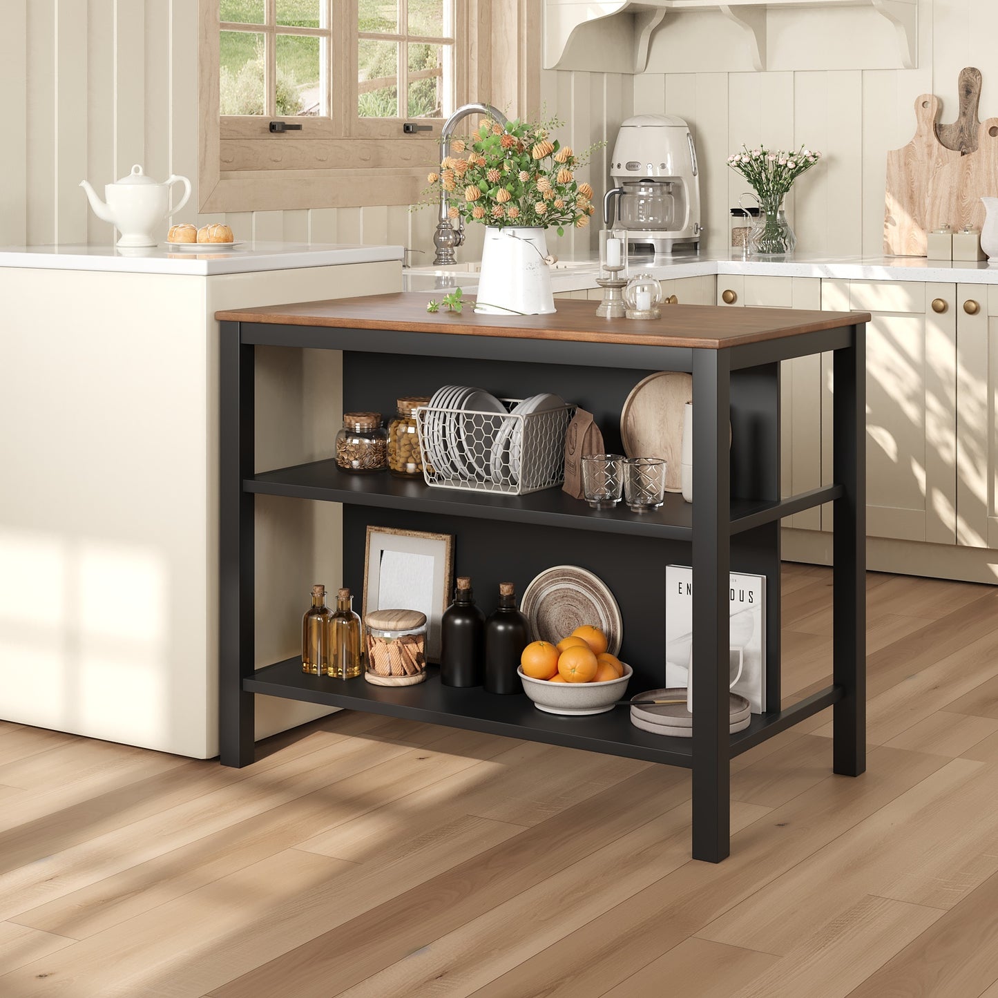 Solid Wood Rustic 3-piece 45" Stationary Kitchen Island Set with 2 Seatings, Rubber Wood Butcher Block Dining Table Set Prep Table Set with 2 Open Shelves for Small Places,Walnut+Black