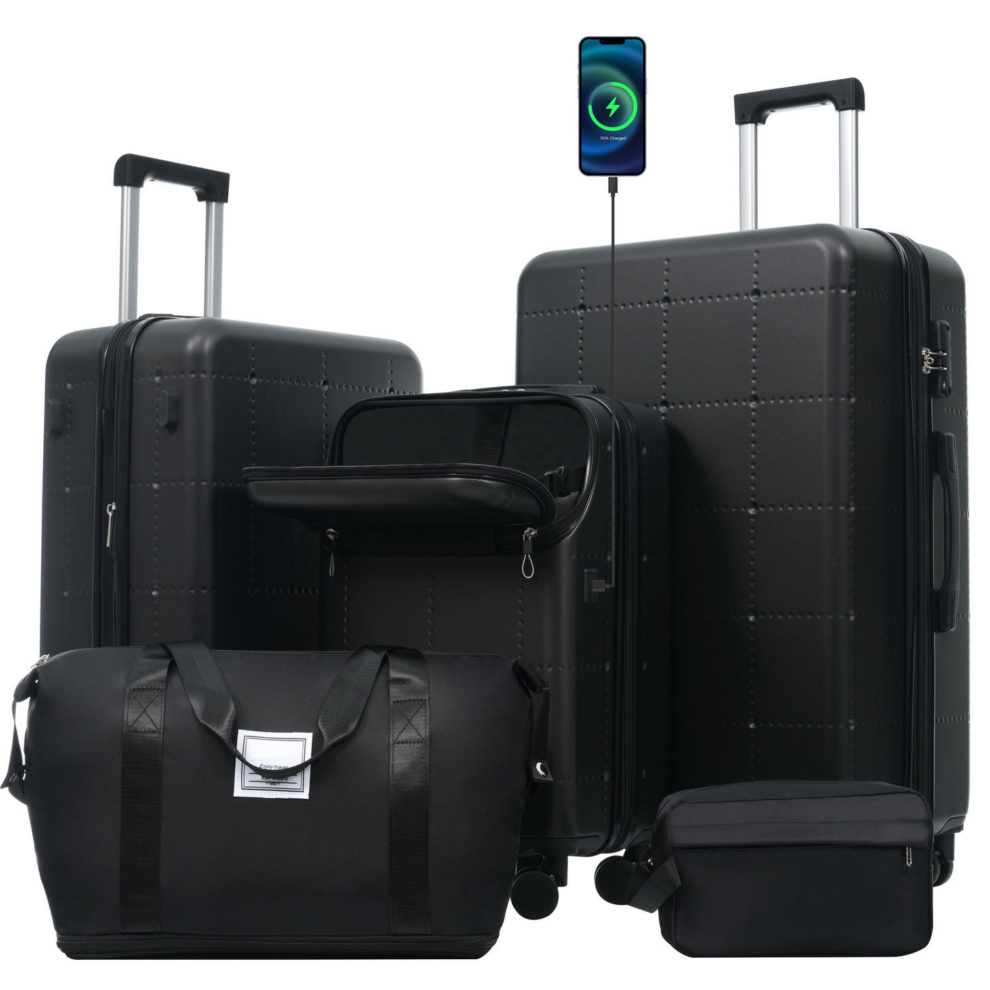 Hardside Luggage Set 5 Piece with Bags, Half-opening Carry on with USB Port