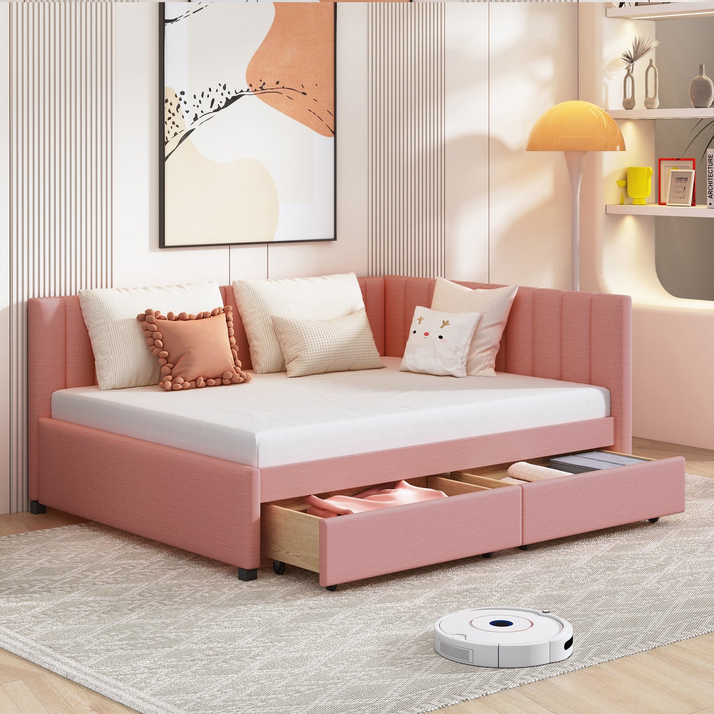 Full Size Upholstered Daybed with 2 Storage Drawers Sofa Bed Frame No Box Spring Needed