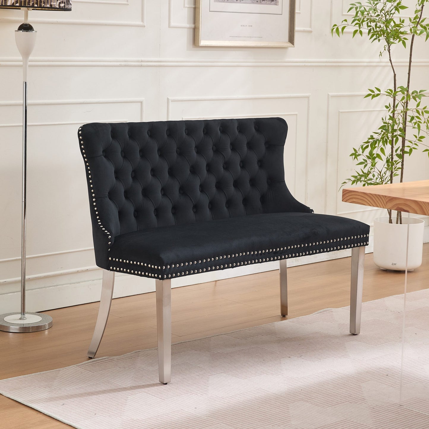 Velvet Double Dining Loveseat Bench, Kitchen & Dining Seating, 2-Seat Tufted Bench w/Handmade Buttons, Wing Back, Brushe
