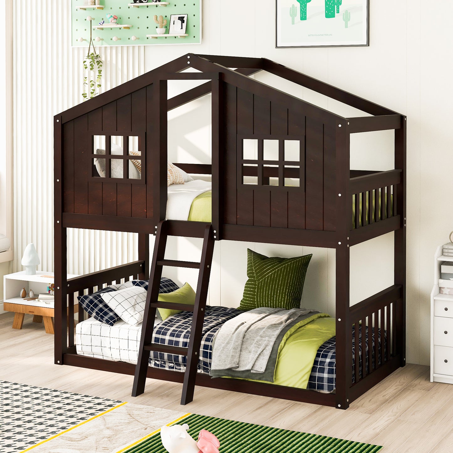 Twin Over Twin House Bunk Bed With Ladder, Wood Bed