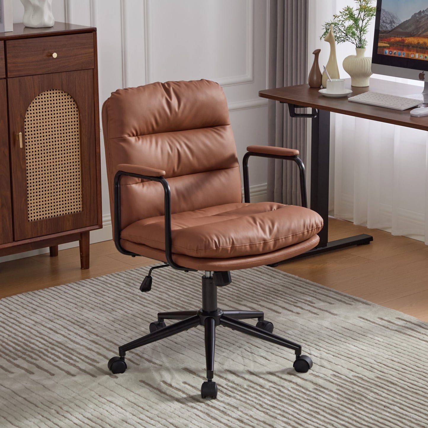 Mid Back Ergonomic PU Leather Home Office Desk Chair with Padded Arms, back can Recline 40°