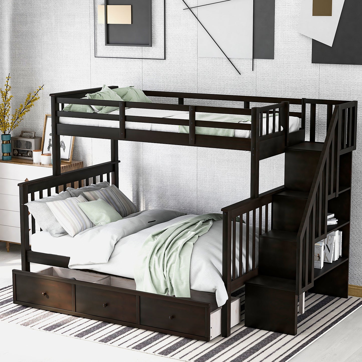 Stairway Twin-Over-Full Bunk Bed with Drawer, Storage and Guard Rail for Bedroom, Dorm, for Adults