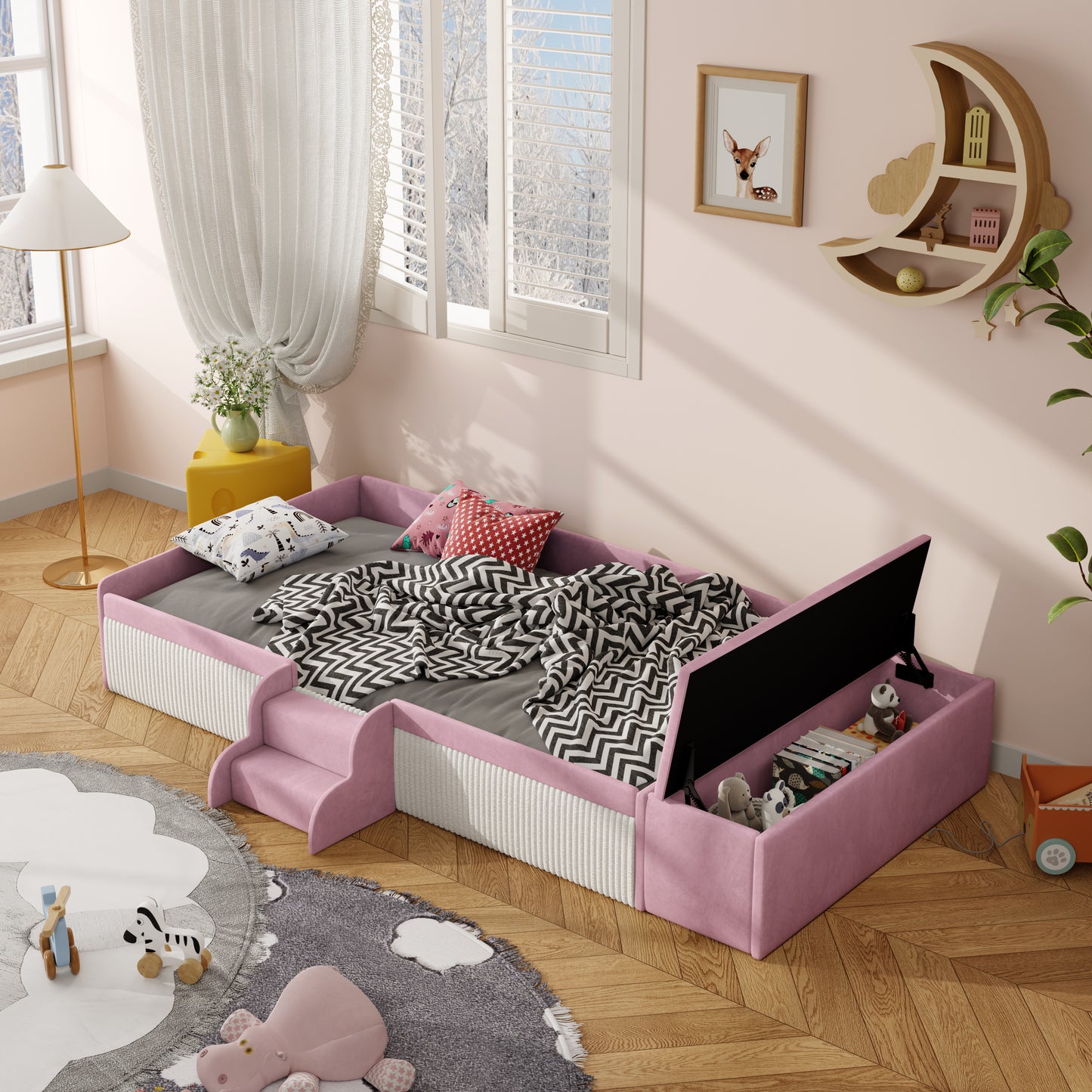 Velvet Upholstered Daybed with Stairs & Gas Lift Storage Ottoman, Contrast Color, Padded Guardrails