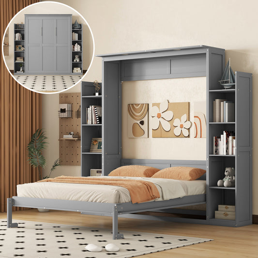 Murphy Wall Bed, Queen Size, Solid Wood and MDF with Shelves and LED/Light Feature for Bedroom or Home Office