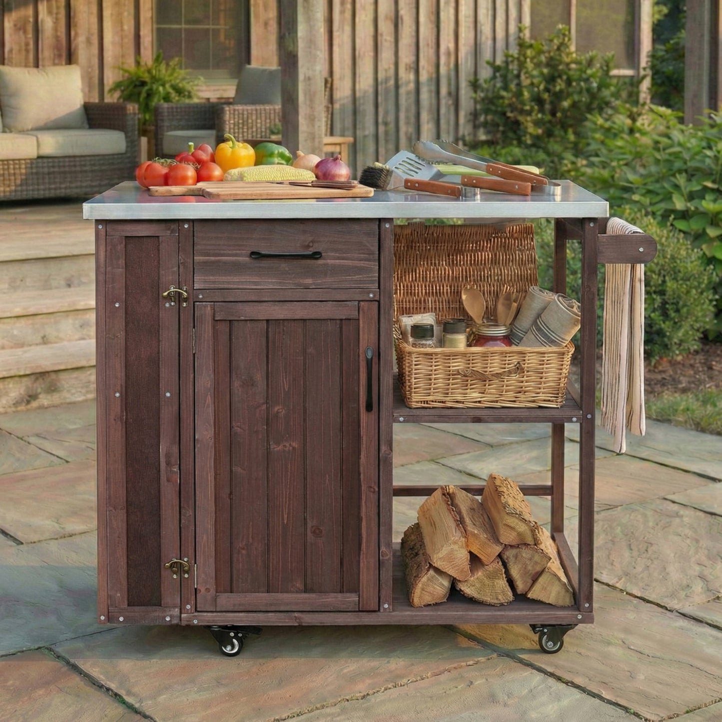 Outdoor Kitchen Island Fir Wood Prep Station Lockable Kitchen Cart with Stainless Top, Storage Space,