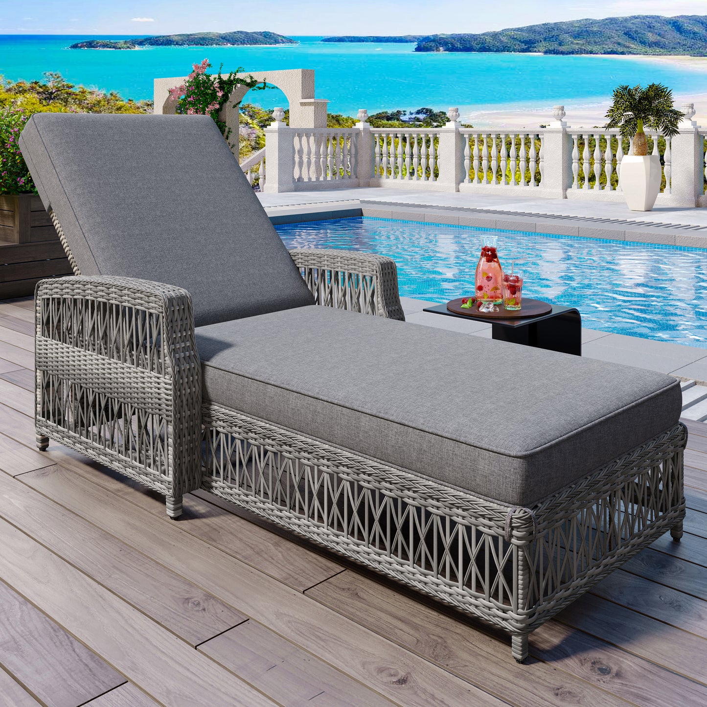 Outdoor Wicker Chaise Lounge – Adjustable Reclining Patio Chair with Armrests & Removable Cushions