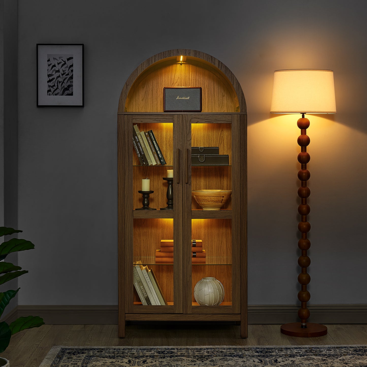 High Arched Modern Retro Wooden Storage Cabinet with Lamp and Adjustable Glass Partitions