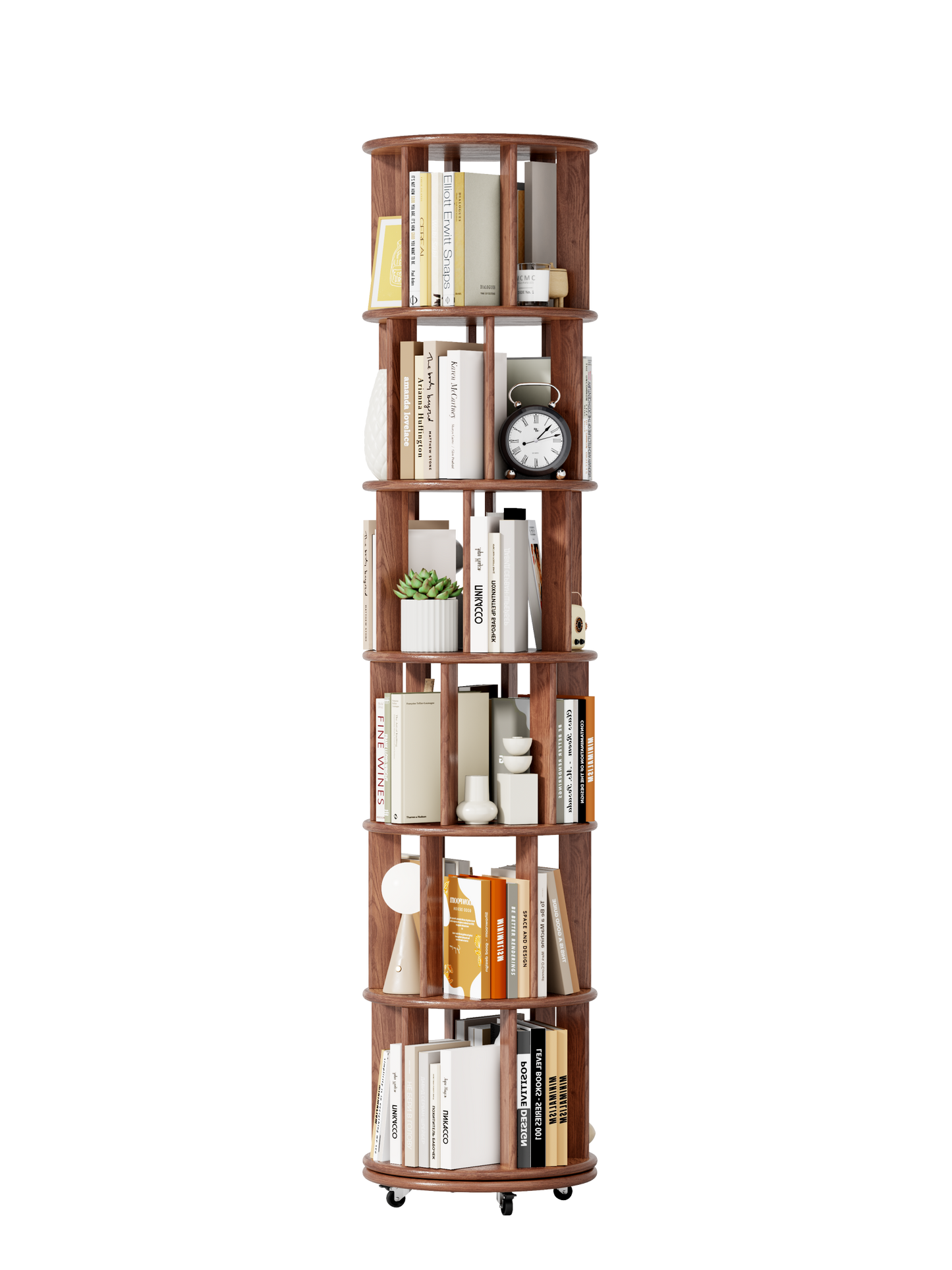 Solid Wood Rotating Bookshelf – 360° Revolving Bookcase with Wheels, Round Storage Shelf