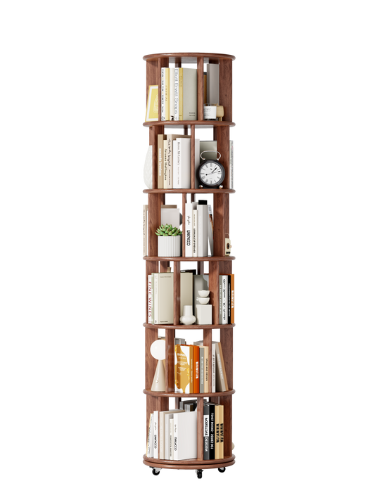 Rotating Bookshelf Solid Wood Walnut Storage and 360° Rotating, Available in 4 Tier, 5 Tier, and 6 Tier sizes for Living Room, Office and Book Display