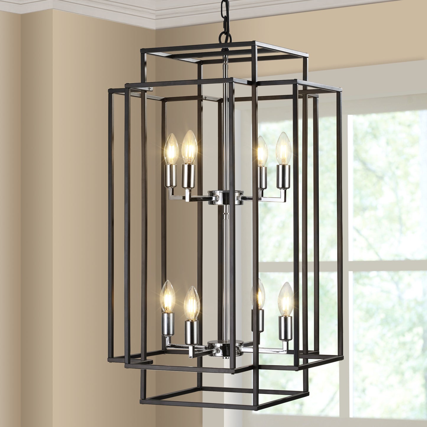 (Same as W1340142525/L1018-C) 8-Lights Lantern Tiered Pendant Light Fixtures, Industrial Farmhouse Hanging Chandelier for Entryway, Foyer, Living Room, Kitchen Island, Staircase(Black & Silver)