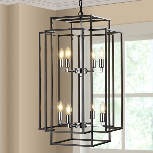 (Same as W1340142525/L1018-C) 8-Lights Lantern Tiered Pendant Light Fixtures, Industrial Farmhouse Hanging Chandelier for Entryway, Foyer, Living Room, Kitchen Island, Staircase(Black & Silver)