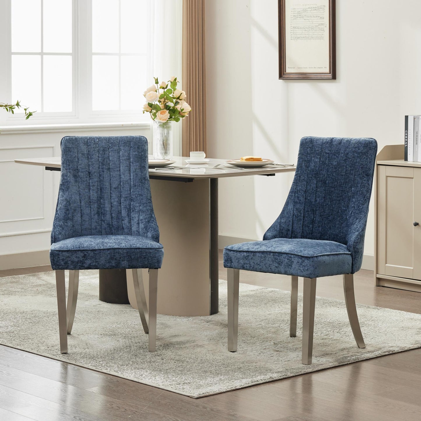 Rayon Cloth Flocking Chenille Dining Chairs Channel Comfy Upholstered Accent Chair with Silver Brushed