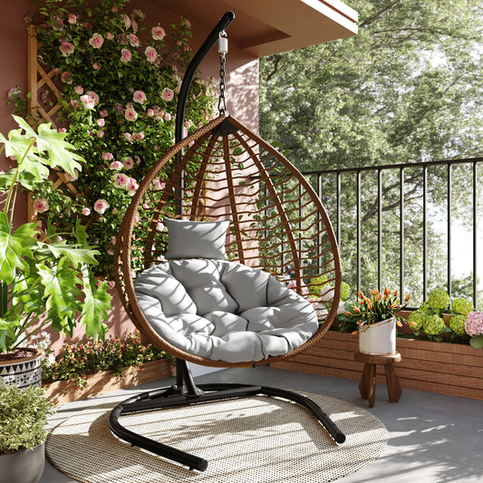 Foldable Rattan Hanging Egg Chair with Iron Stand, Cushion, and Headrest for Indoor or Outdoor Lounge