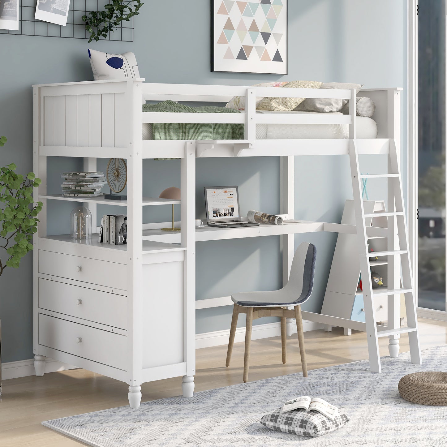 Wooden Loft Bed with Drawers, Desk and Shelves