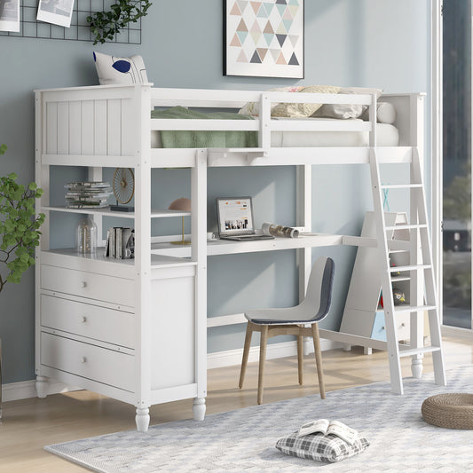 Loft Bed, Solid Wood with Drawers, Shelves, and Built-In Desk for Bedroom or Study Space