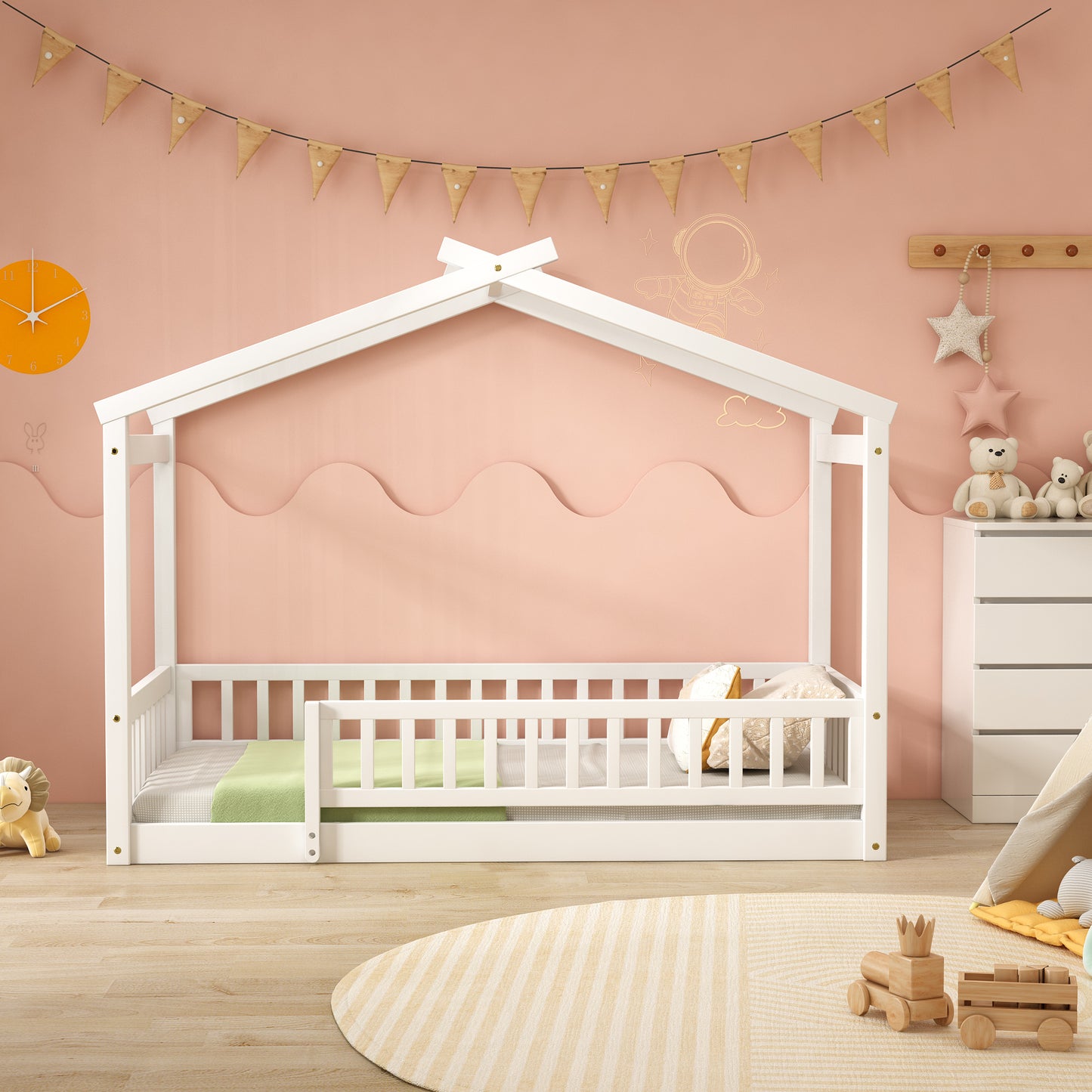 Wood Bed House Bed Frame with Fence for Kids, Teens, Girls, Boys