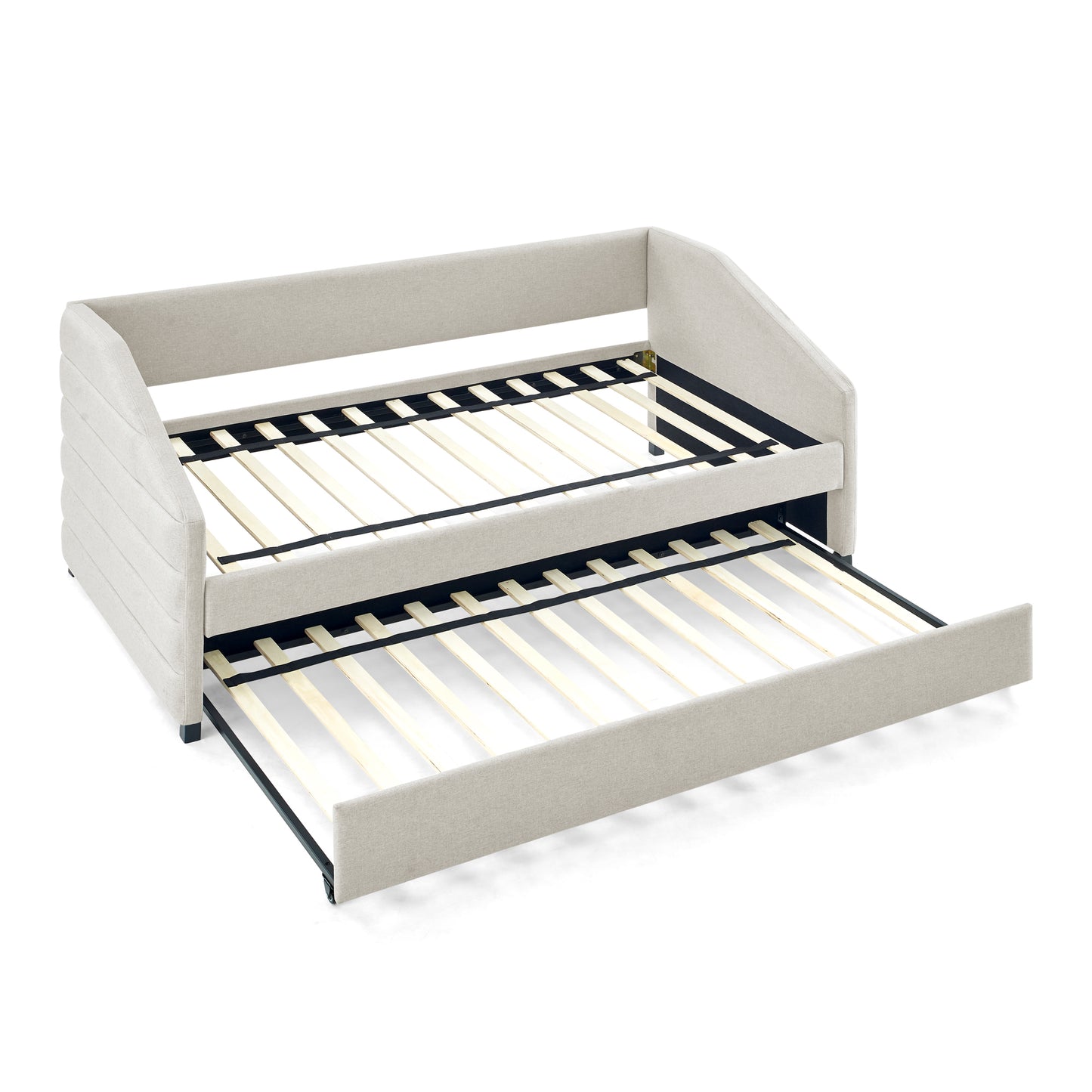 Twin Size Daybed with Trundle Upholstered Tufted Sofa Bed, Linen Fabric, Beige  (82.5"x42.5"x34")
