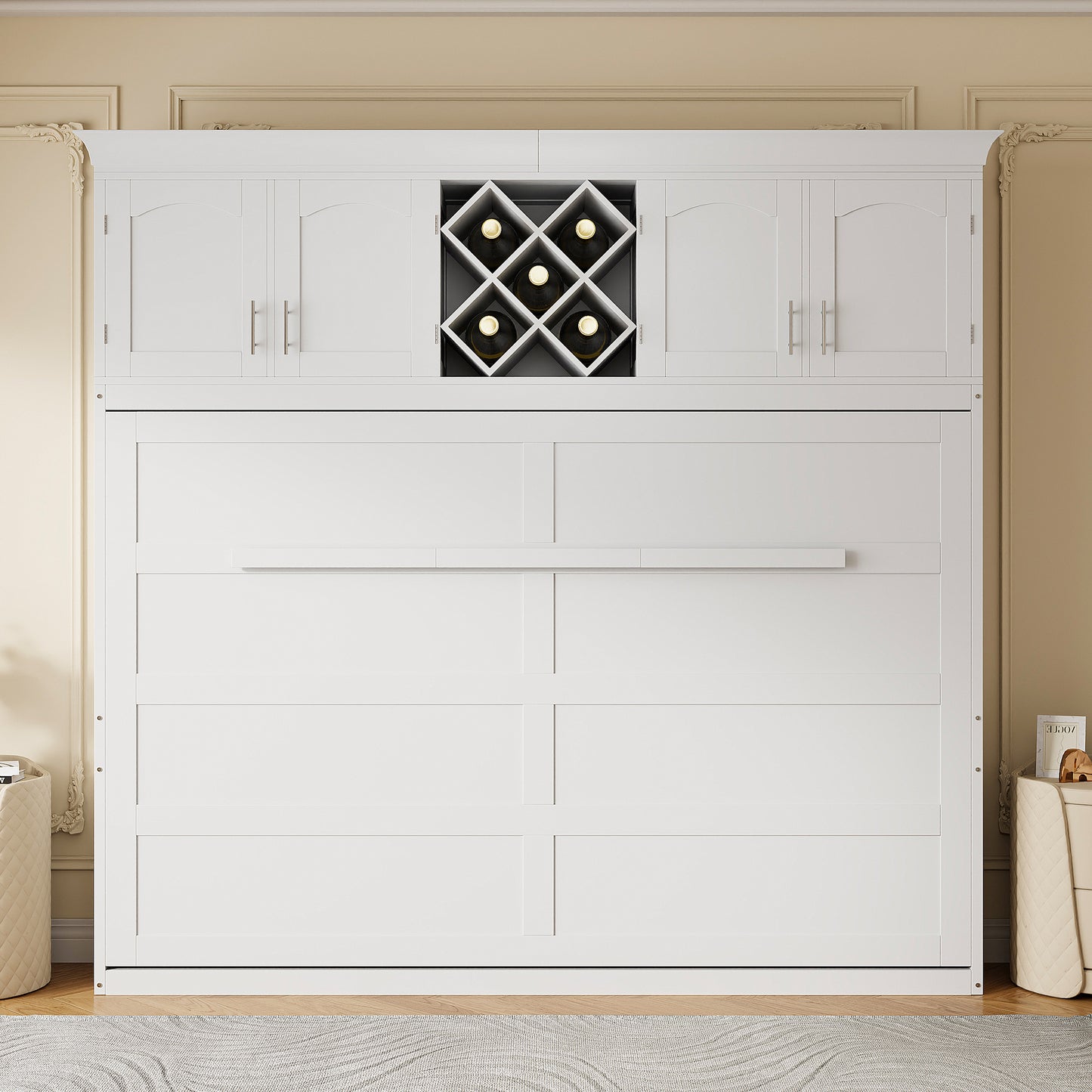 Queen Size Murphy Bed Wall Bed with Top Cabinets & Wine Rack